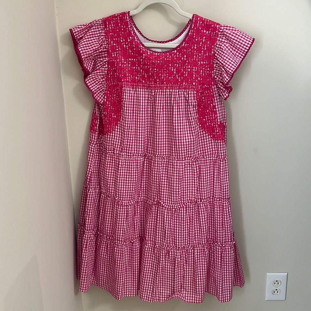 J Marie pink and white gingham embroidered dress